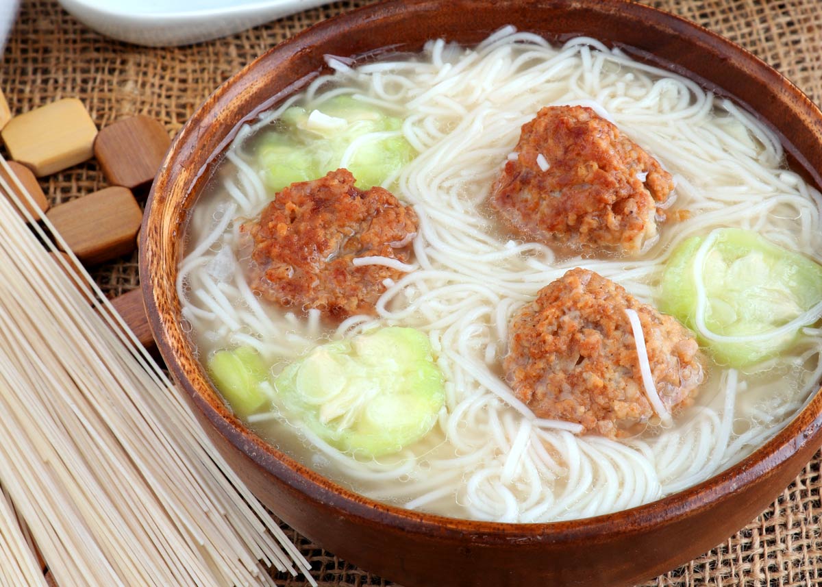 Meatball and noodle soup with patola.