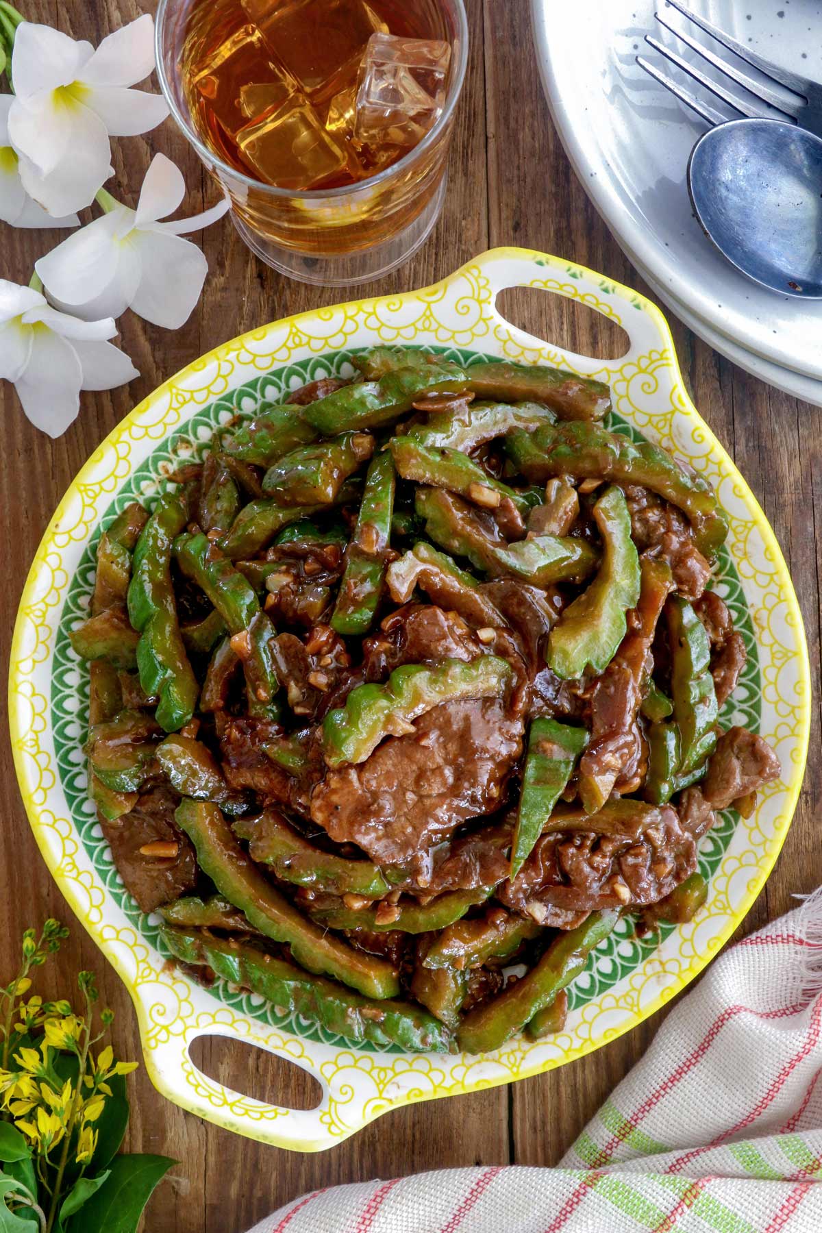 Ampalaya Con Carne in a serving platter.