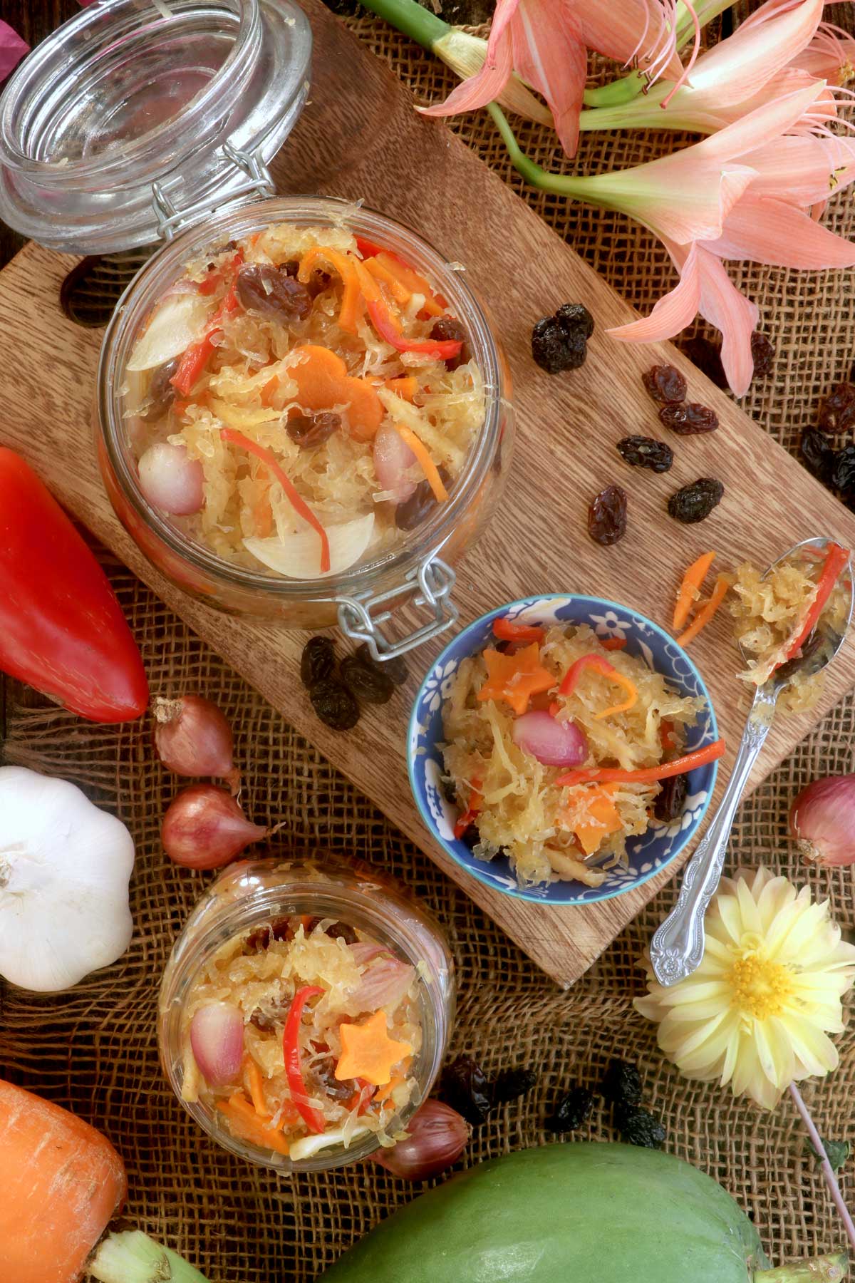 Green Papaya Relish with shallots, carrots, bell pepper, raisins. 