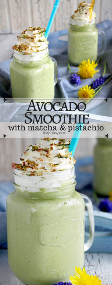 Try this refreshing avocado smoothie with a touch of matcha and salted pistachio sprinkles! | www.foxyfolksy.com