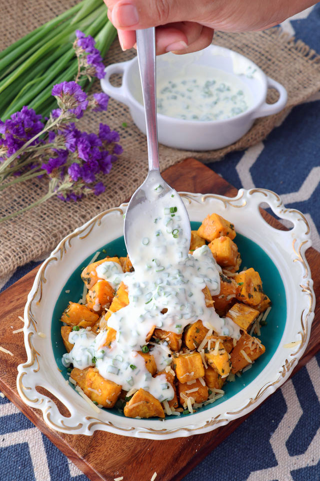 Baked Sweet Potato Cubes with Parmesan and Sour Cream-Chives