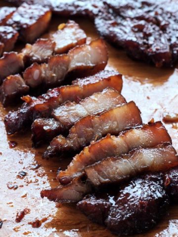 Get recipe for this sticky, sweet and salty BBQ Pork Belly in oven! | www.foxyfolksy.com