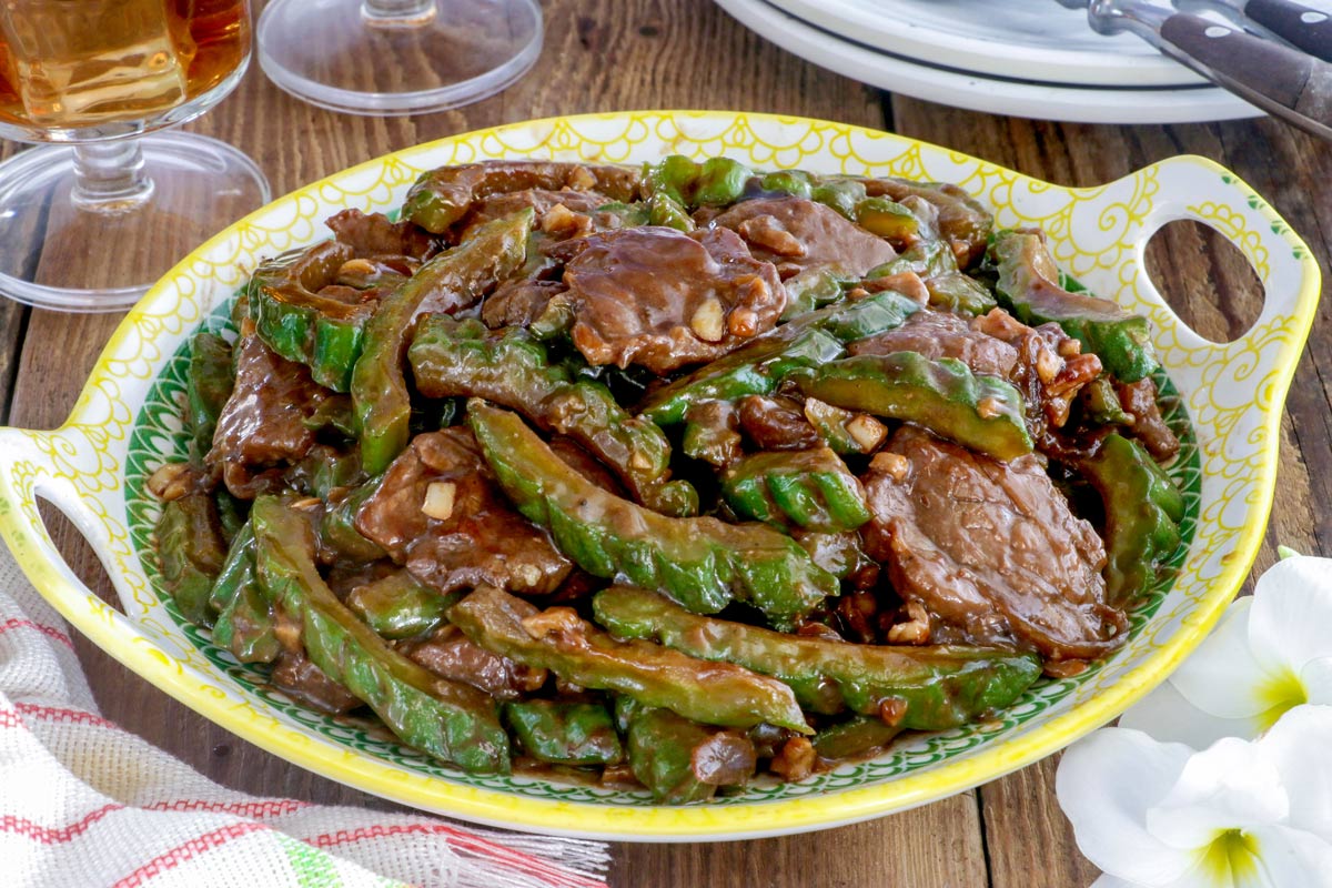 Ampalaya with tender beef slices  stir-fried  in a mixture of soy and oyster sauce.