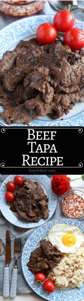 Beef tapa is a type of cured meat of thin slices of tender beef. A popular breakfast that is usually served with a sunny-side up egg and fried rice. | www.foxyfolksy.com