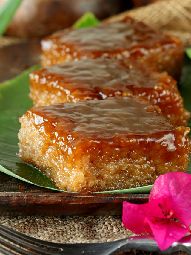 Biko, a Filipino sticky rice cake with latik syrup topping