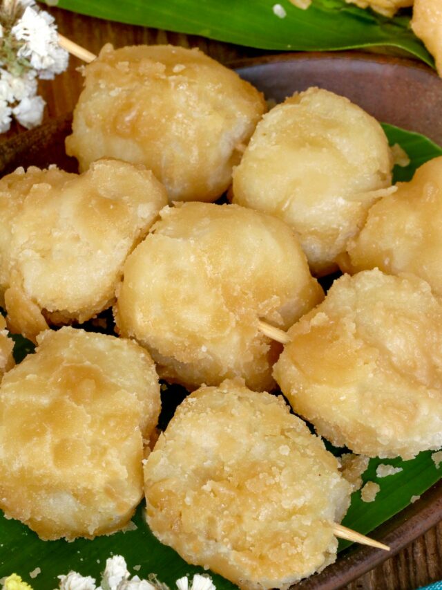 Sweet fried rice balls coated with caramelized sugar.