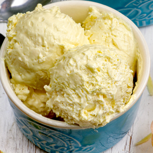 Scoops of cheese ice cream in a dessert bowls