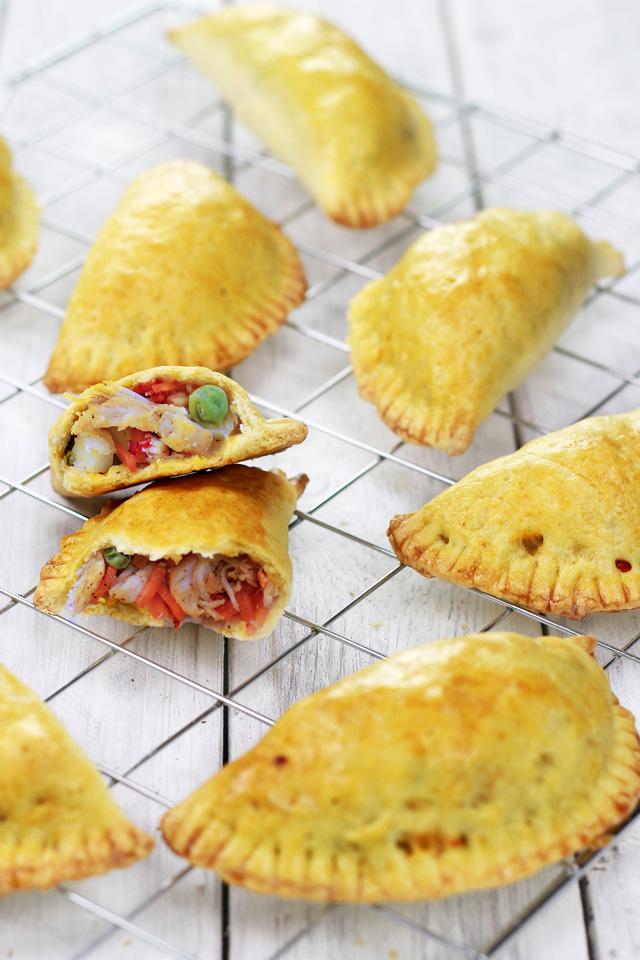 Chicken Empanadas with shredded chicken, green peas, potatoes, carrots and onions 