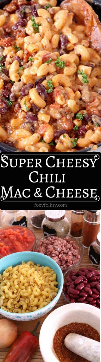 Cozy up and enjoy the combined goodness of the all-time American classics with this super cheesy Chili Mac and Cheese. | www.foxyfolksy.com