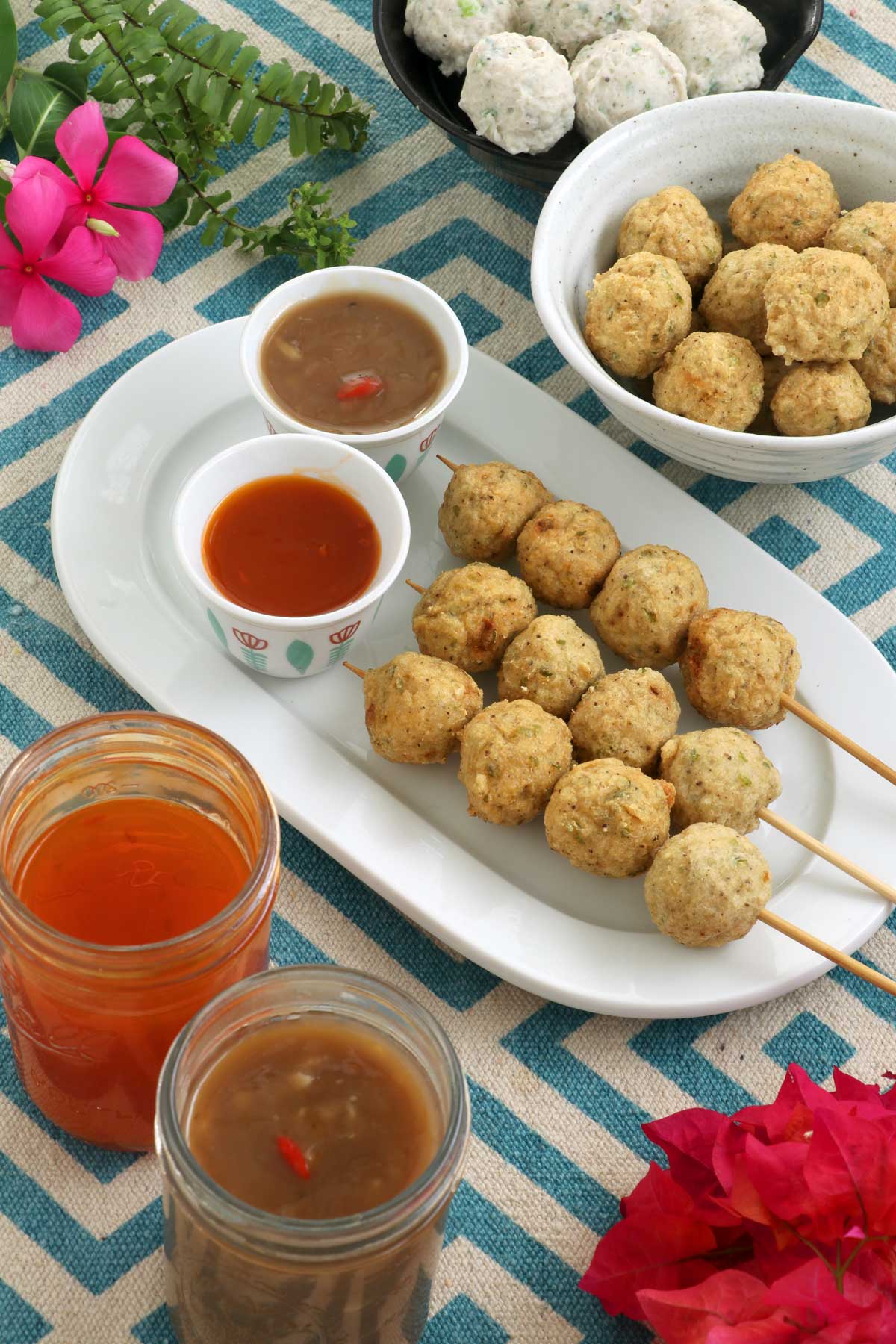 Fried Chicken balls with 2 different dips.