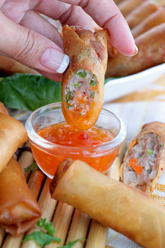 Filipino Spring Rolls, Lumpiang Shanghai with Sweet-Chili Sauce dip