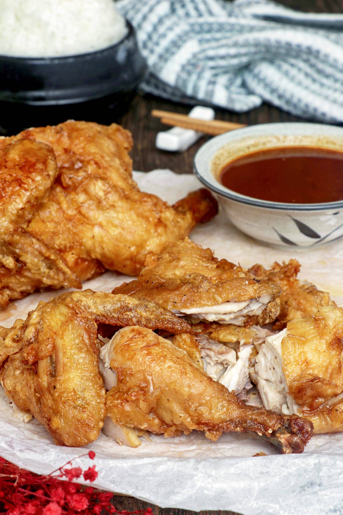 Whole Fried Chicken chopped into serving parts.