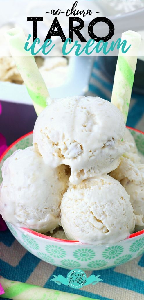 Ice cream made with taro roots served in a bowl.