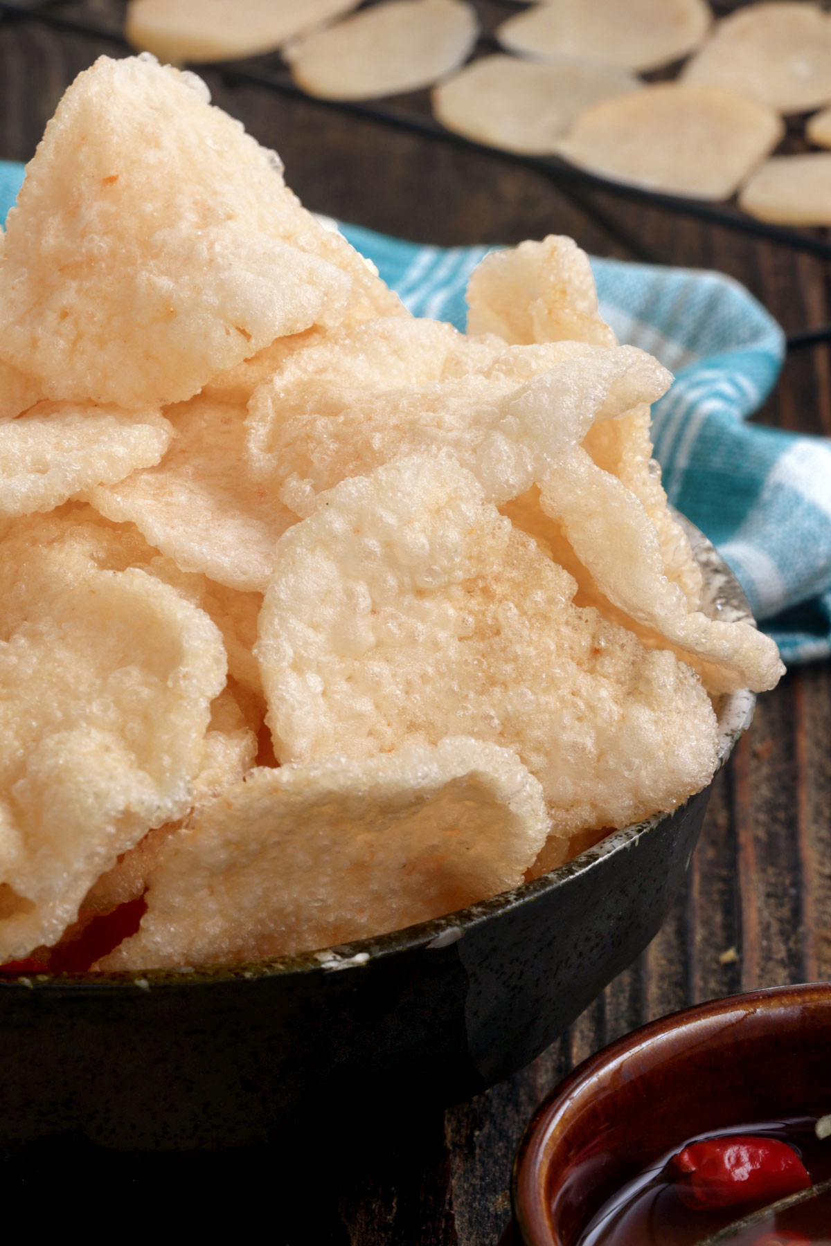 Freshly cooked homemade prawn crackers.