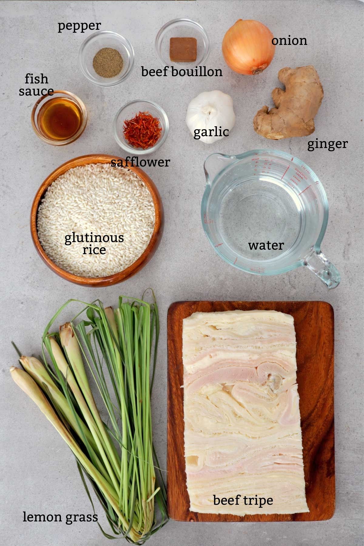 Ingredients for making Goto or Lugaw.