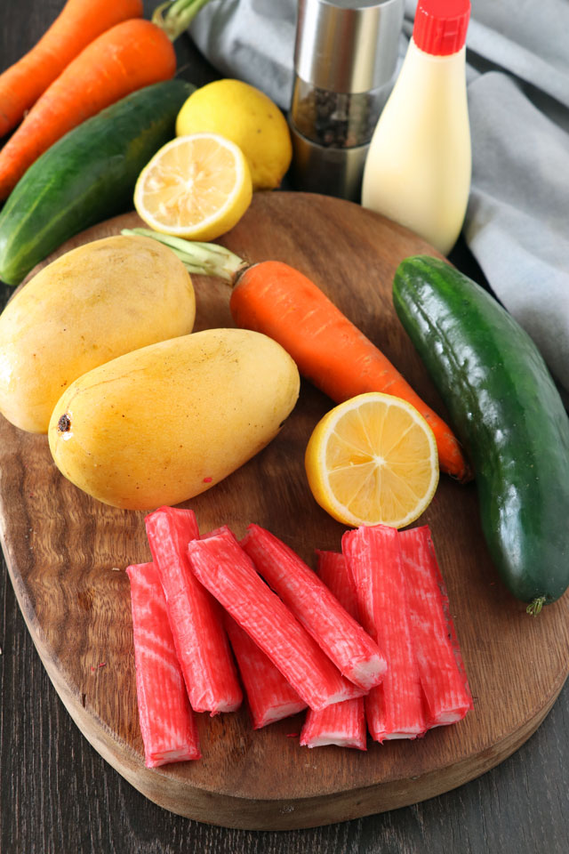 Kani Salad Ingredients: kani, cucumber, carrots, mango, Japanese mayo