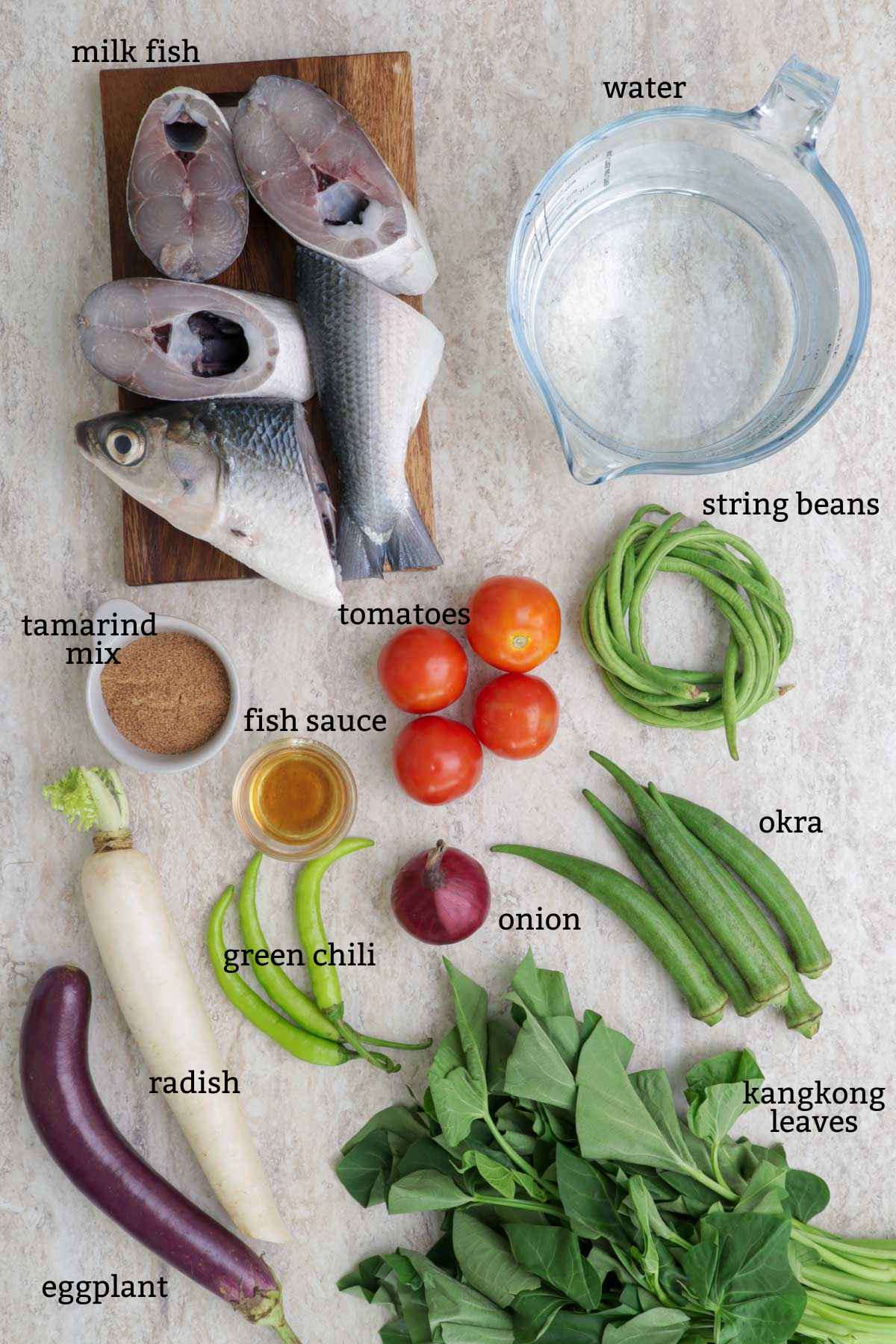 Ingredients needed in cooking sinigang na bangus.