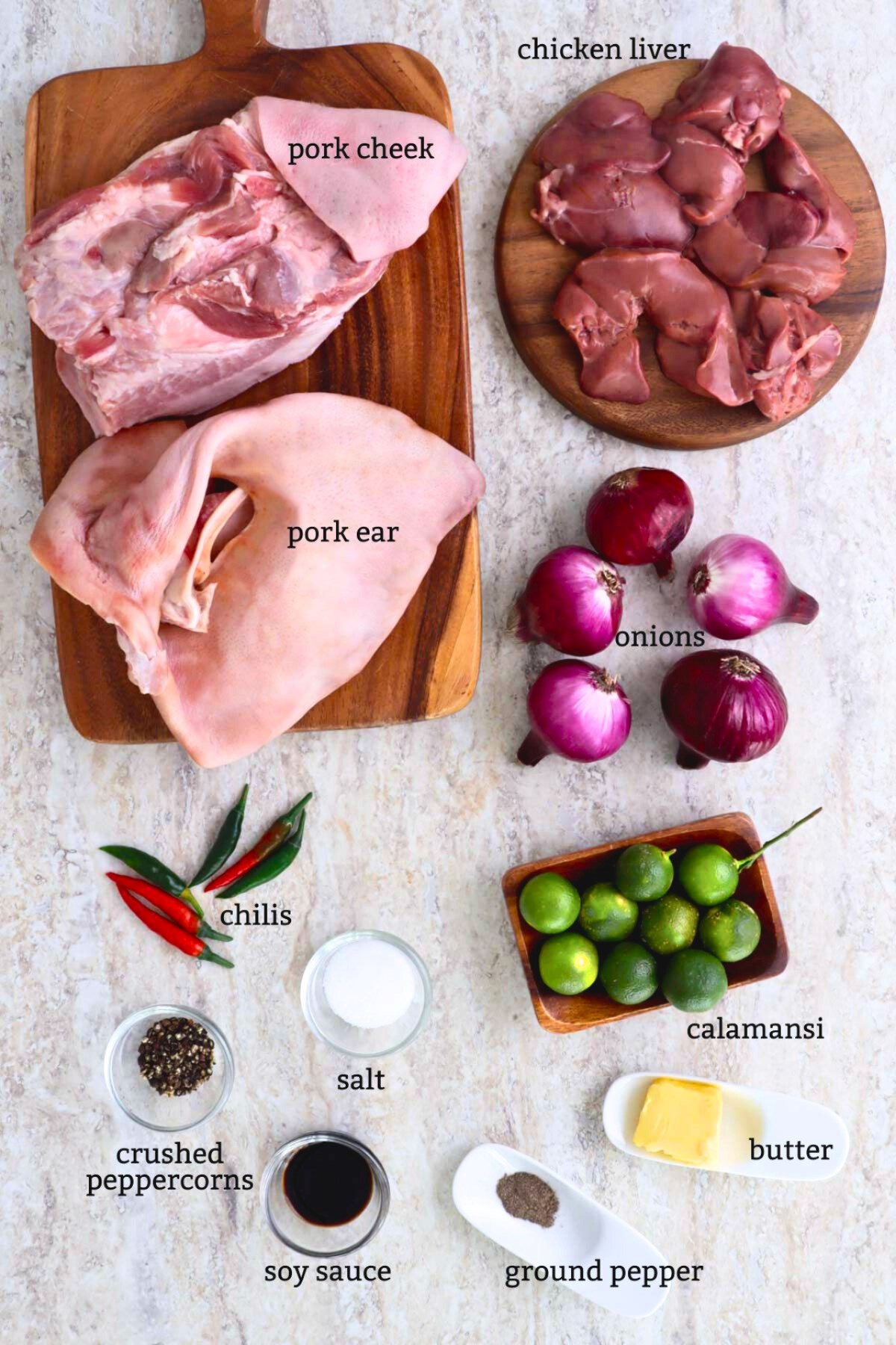 Ingredients in making authentic pork sisig.