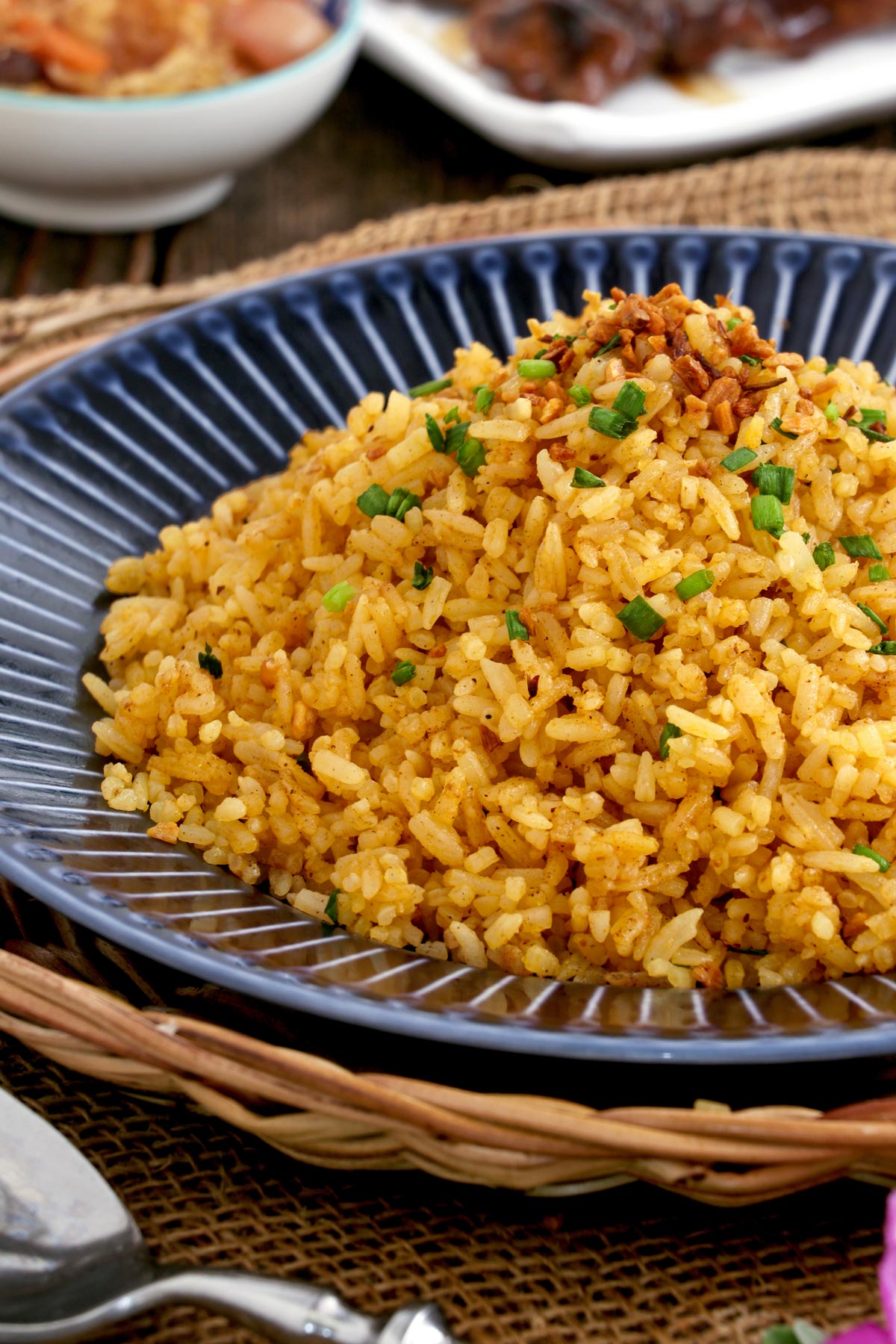 Java rice on a plate garnished with green onion and fried garlic bits .