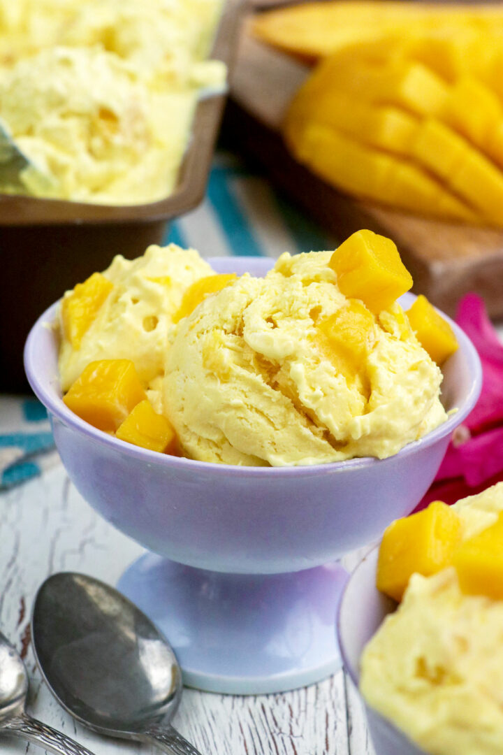 Homemade mango ice cream on dessert bowl with topped with mango cubes.