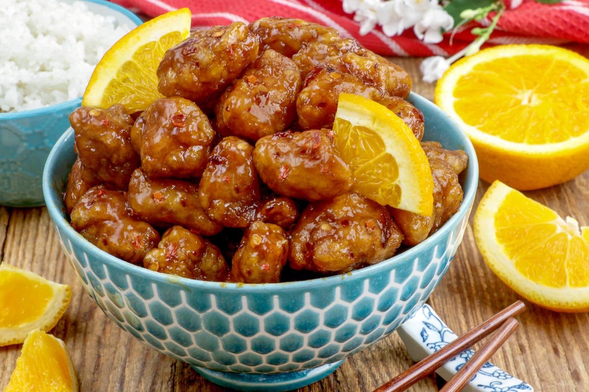 Homemade Orange Chicken served with steamed rice.