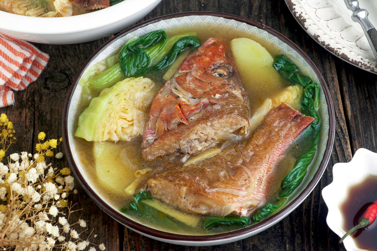 Healthy and budget friendly Pesang isda using maya maya with potatoes, bok choy and cabbage.