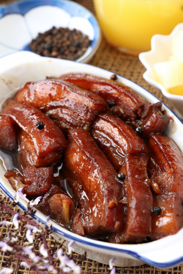 Pork Belly cooked in soy sauce and pineapple juice.