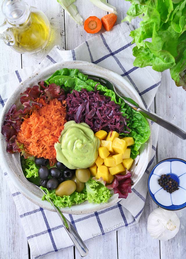 Get simple recipe for this colorful and healthy Rainbow salad with creamy avocado dressing now! | www.foxyfolksy.com