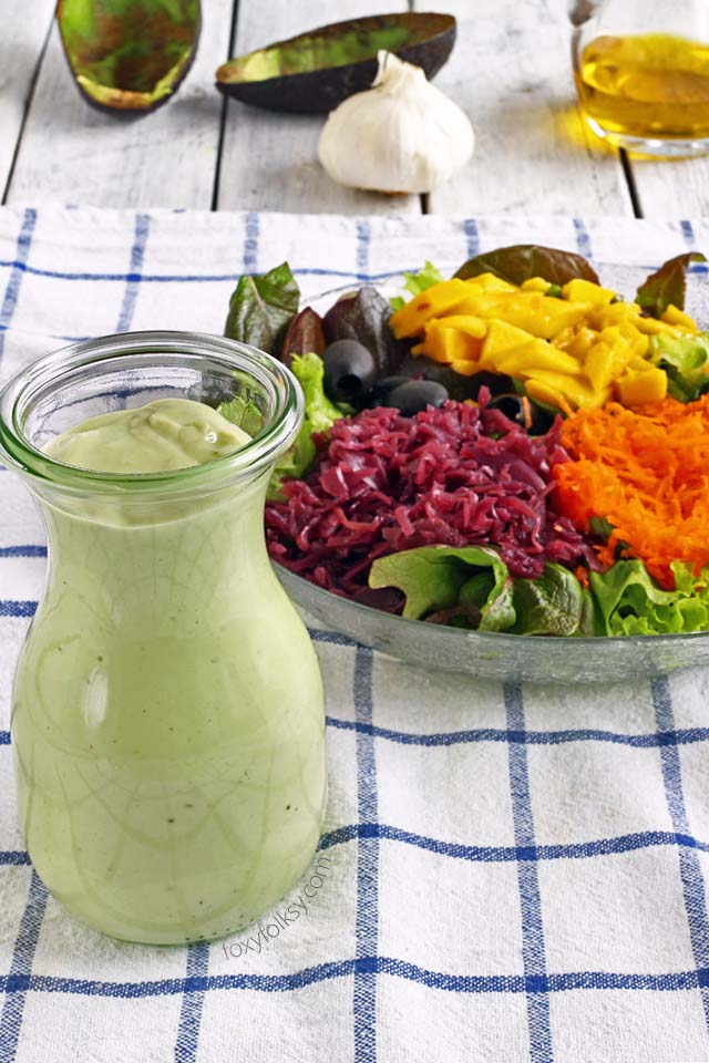 Get simple recipe for this colorful and healthy Rainbow salad with creamy avocado dressing now! | www.foxyfolksy.com