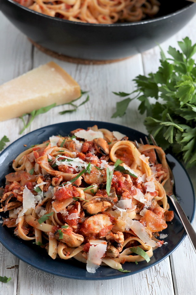 Try this seafood pasta recipe for a quick and easy, delicious pasta dish. | www.foxyfolksy.com