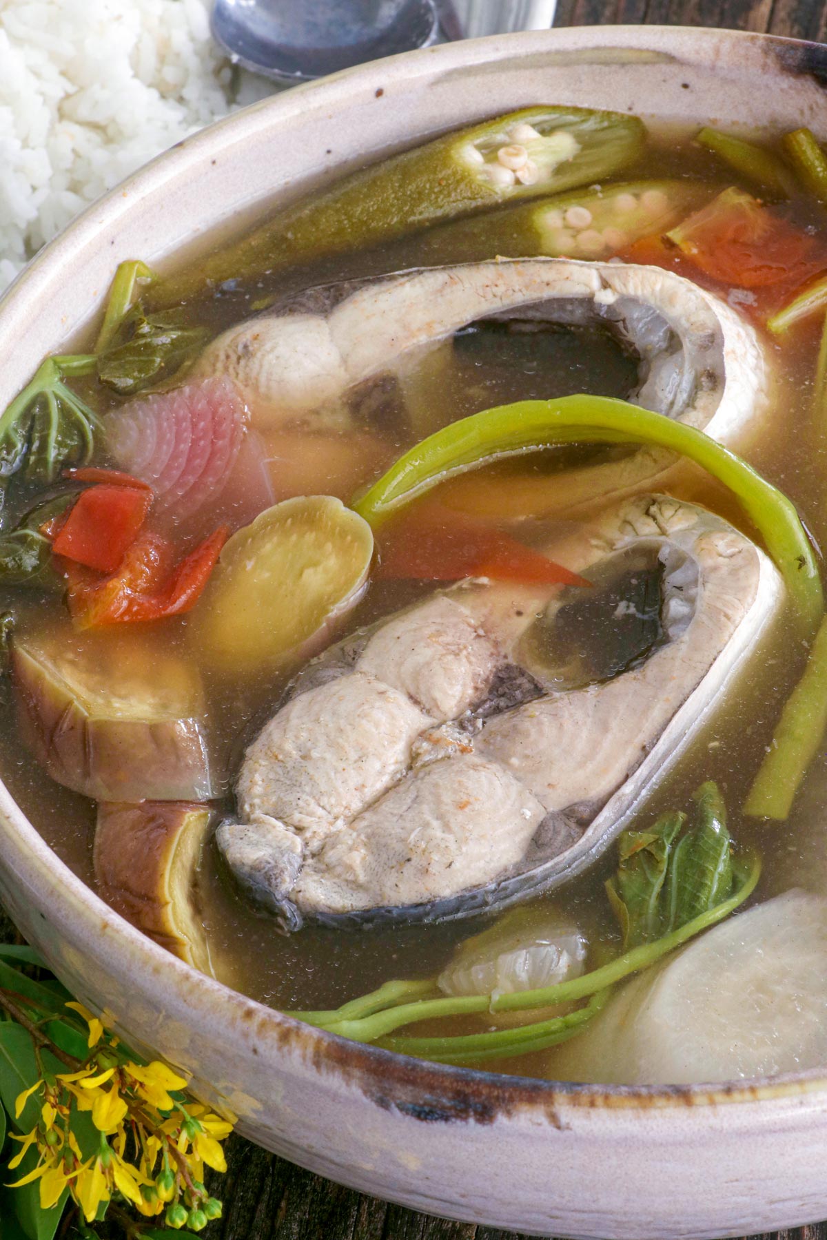 Sinigang na bangus made milkfish and vegetables in a tamarind-flavored soup.