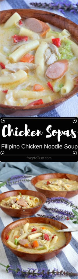 Try this delicious and hearty Sopas (Filipino Chicken Noodle Soup) recipe that will surely keep you warm and fit for the cold and rainy days! | www.foxyfolksy.com