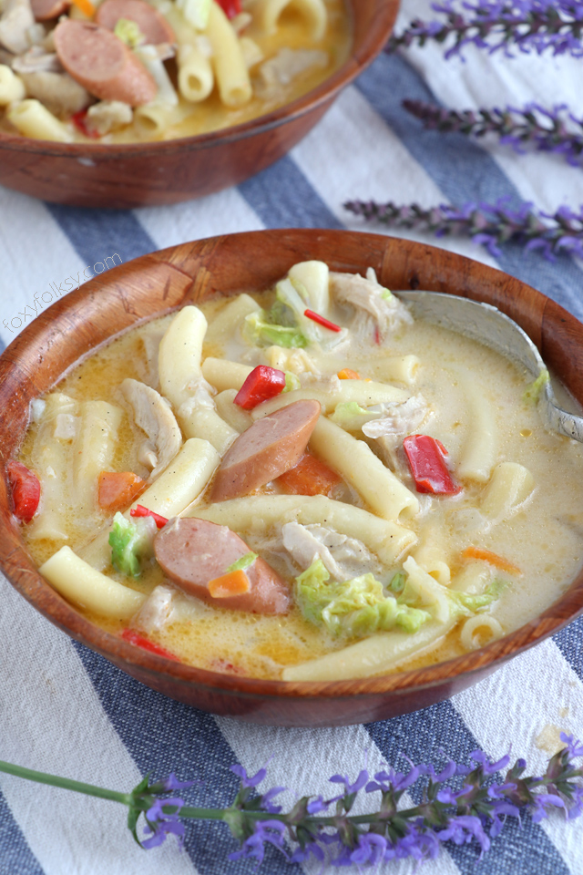 Try this delicious and hearty Sopas (Filipino Chicken Noodle Soup) recipe that will surely keep you warm and fit for the cold and rainy days! | www.foxyfolksy.com