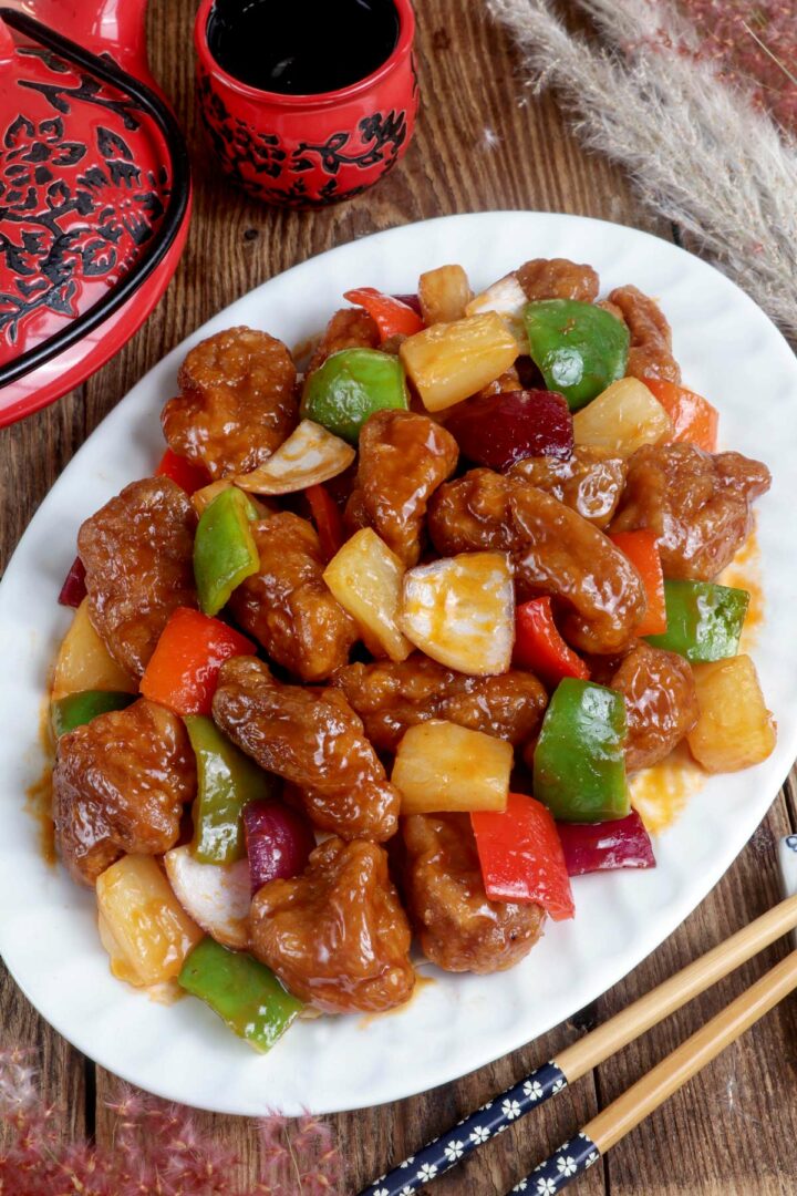 Sweet and Sour Pork on a serving platter.