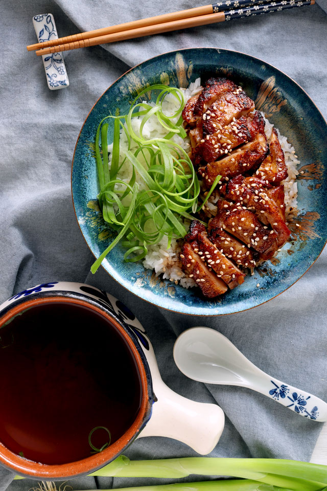 teriyaki chicken on a bowl of rice