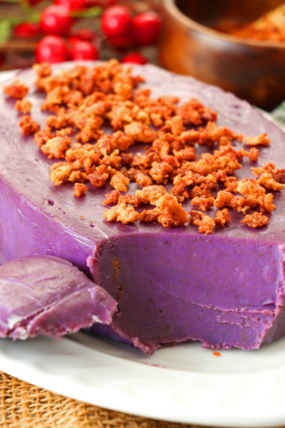 Smooth and creamy purple yam jam with coconut curds on top.